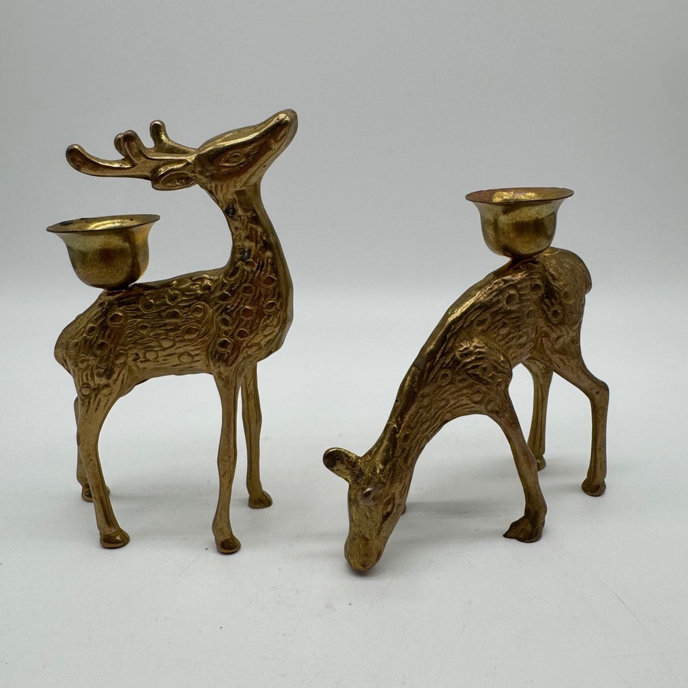 Vintage Brass Reindeer Candle Holders Pair Standing Buck Doe MCM Christmas